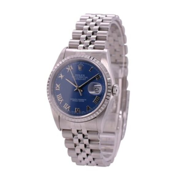ROLEX DATEJUST BLUE ROMAN NUMERAL DIAL STEEL ENGINE TURNED JUBILEE WATCH 16220